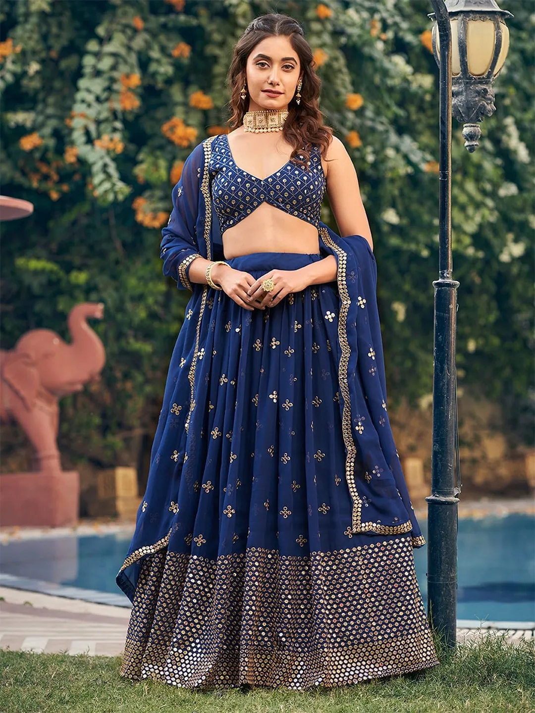 Embroidered Sequinned Semi-Stitched Lehenga Set