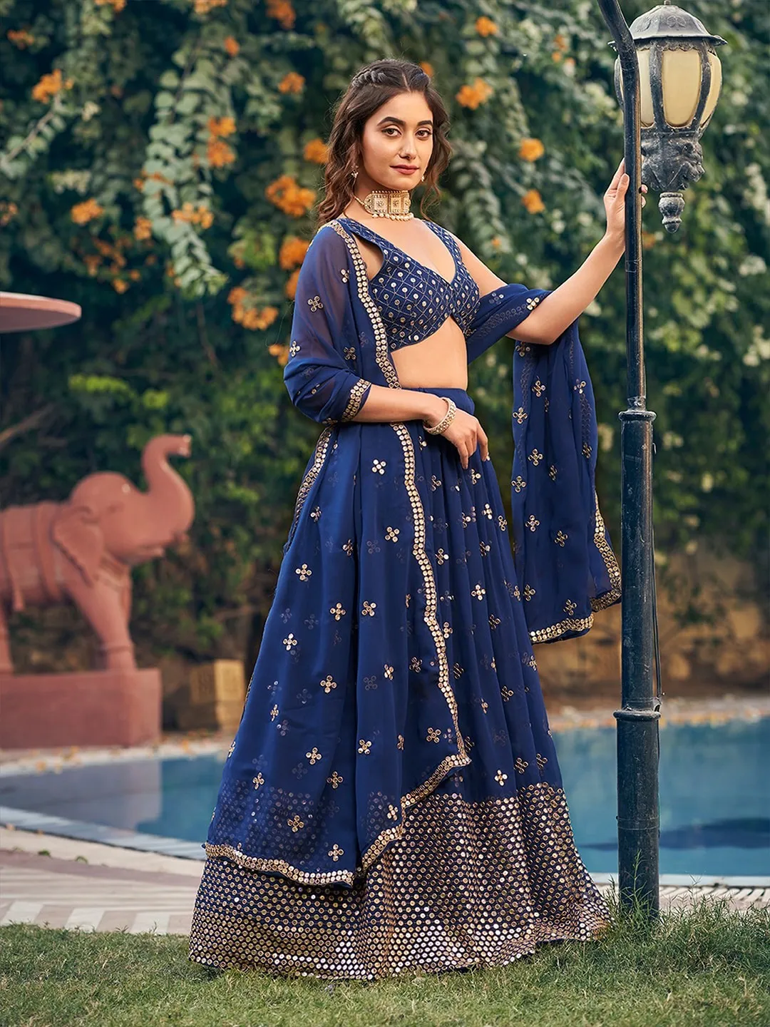Embroidered Sequinned Semi-Stitched Lehenga Set
