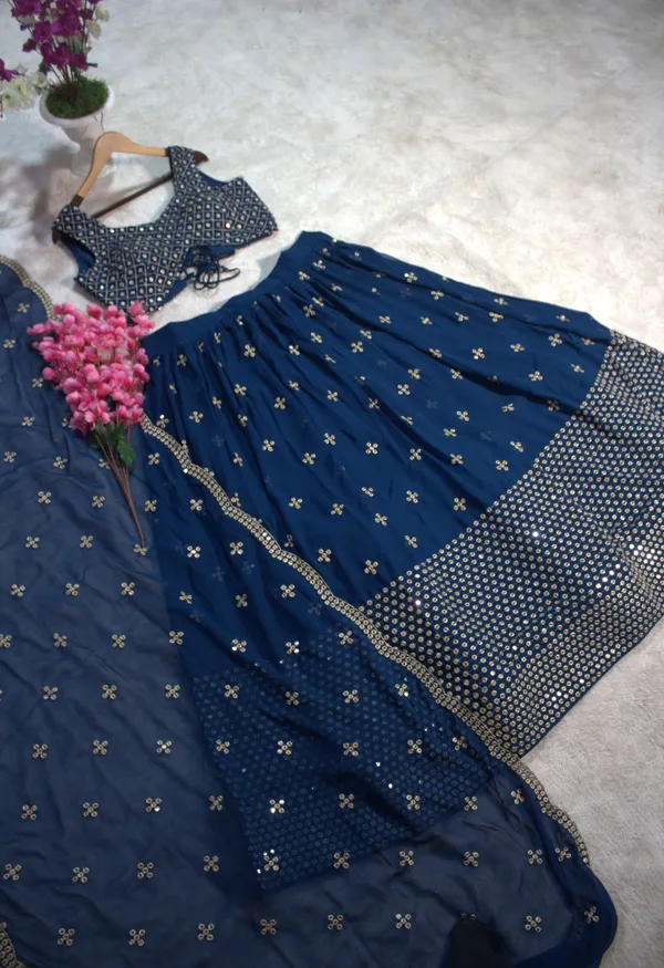 Embroidered Sequinned Semi-Stitched Lehenga Set