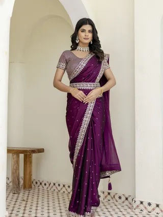 Wine Kasturi Silk Saree with Zari, Dori & Sequin Work