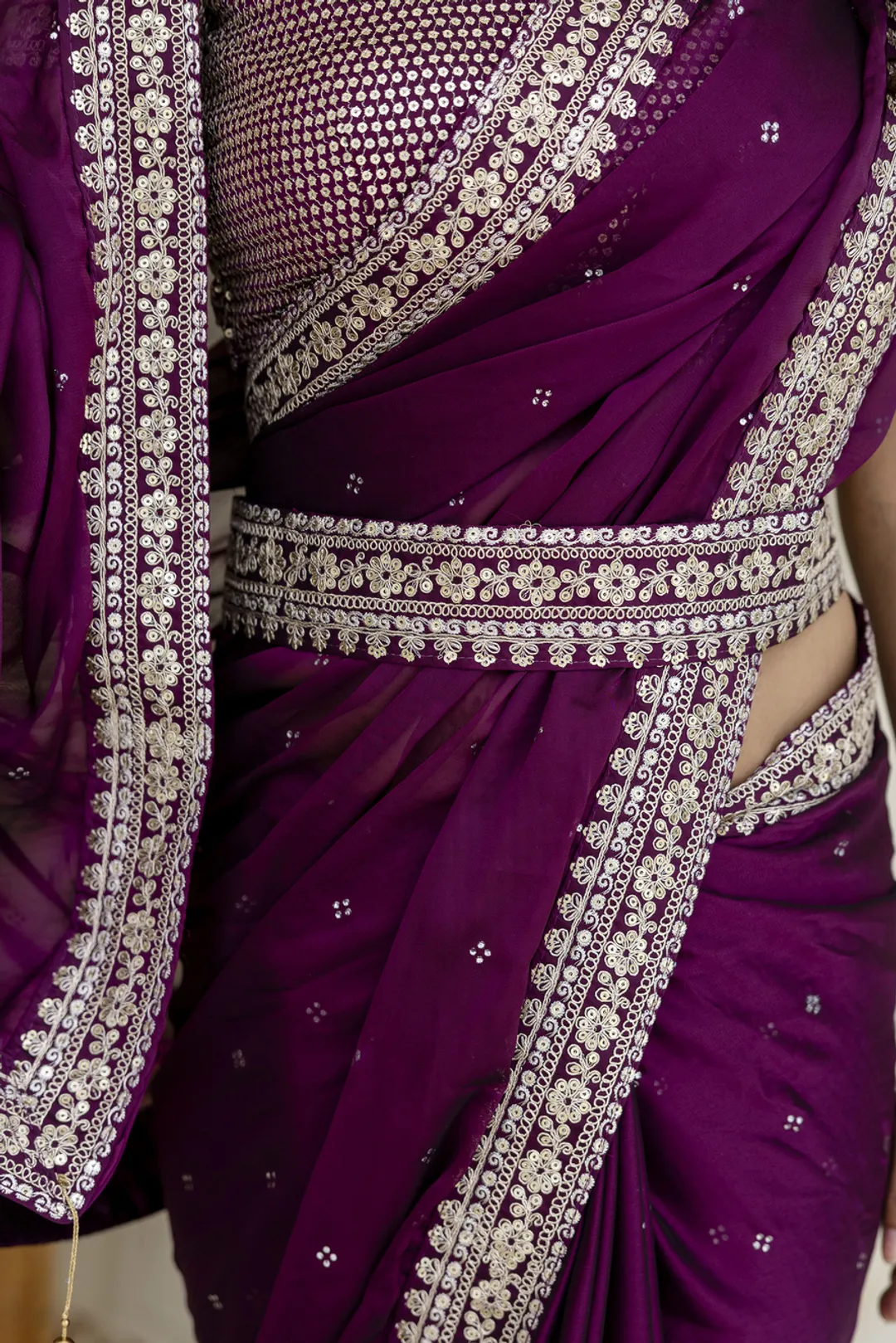 Wine Kasturi Silk Saree with Zari, Dori & Sequin Work