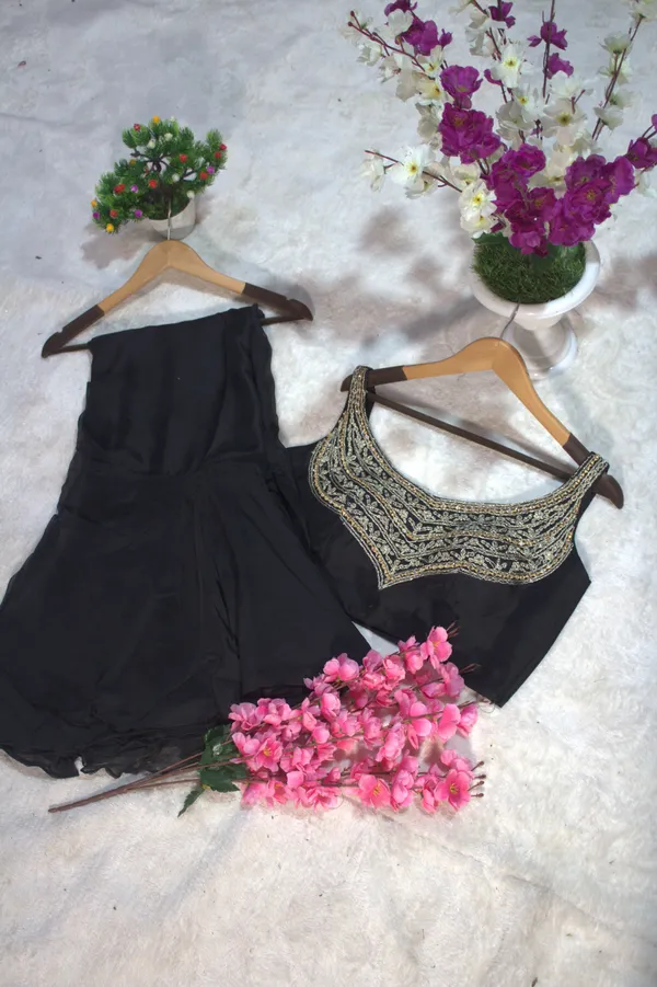 Black Organza Ruffle Saree with Mirror Work Blouse Piece