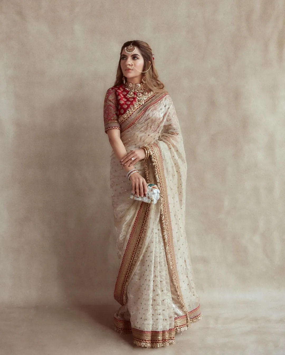 Off White Organza Silk Embroidered Saree with Sequin Butti Work - Party Wear
