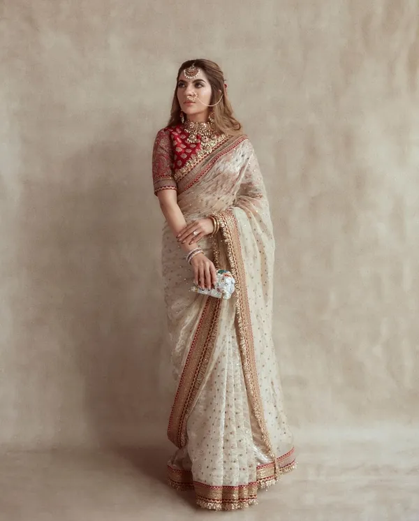 Off White Organza Silk Embroidered Saree with Sequin Butti Work - Party Wear