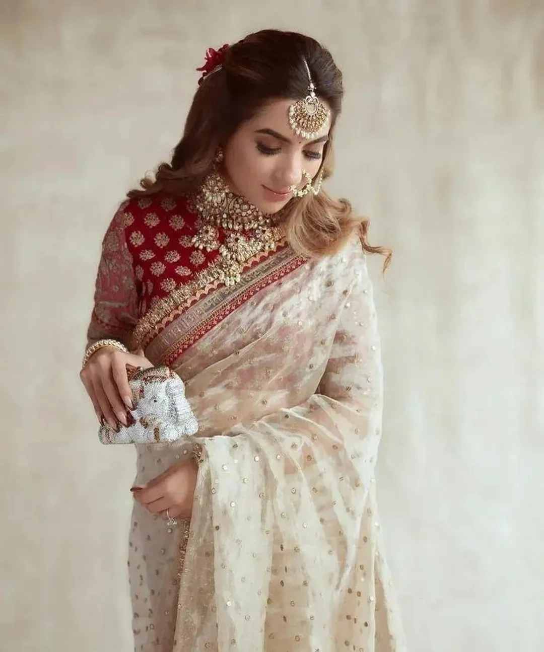 Off White Organza Silk Embroidered Saree with Sequin Butti Work - Party Wear