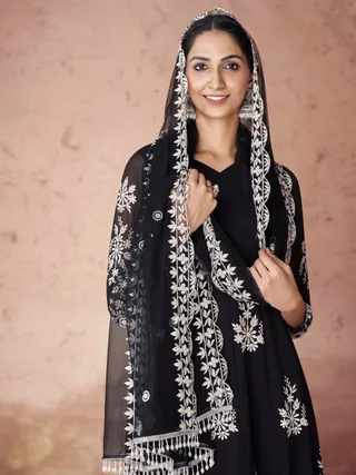 Black Anarkali Kurta Set With Georgette Pants