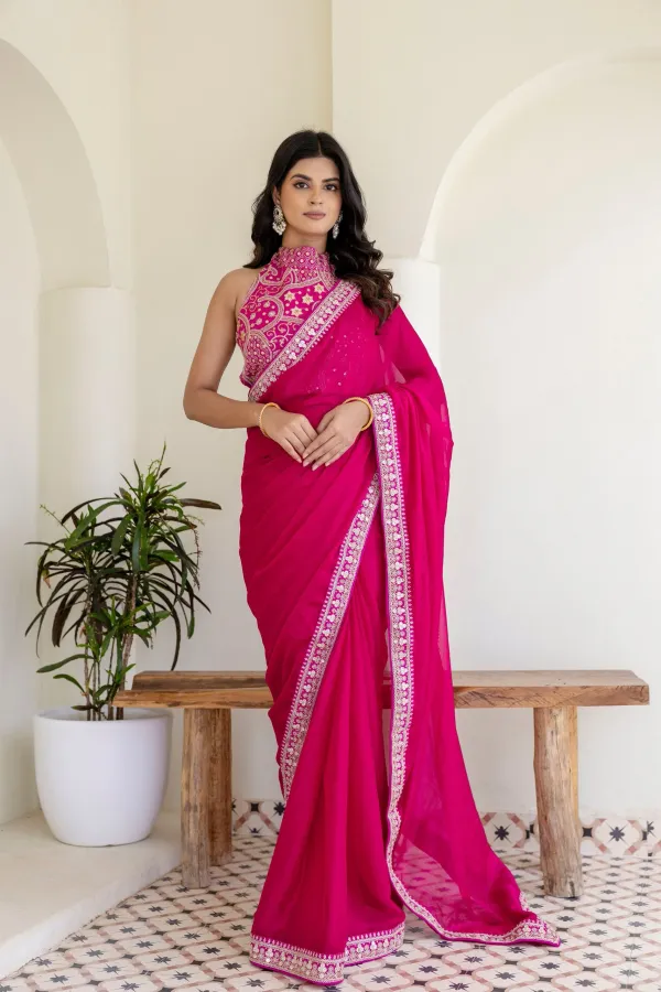 Pink Rangoli Silk Saree with Cording Embroidery and Double Sequins Work