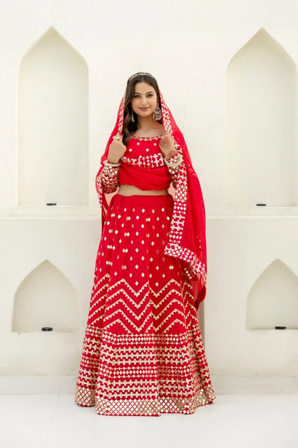 Red Georgette Foil Embroidered Lehenga Set with Dupatta, Semi Stitched Lehenga and Unstitched Blouse