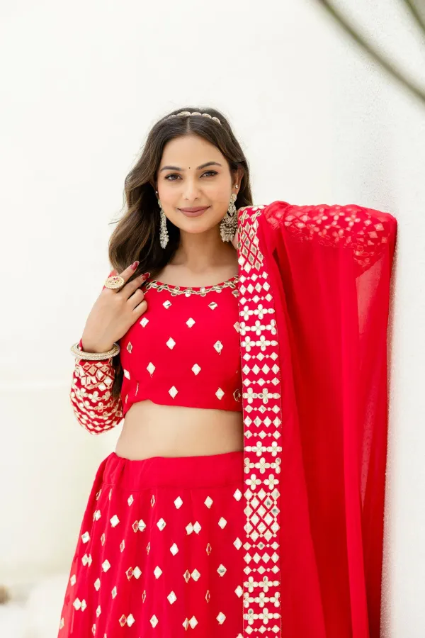 Red Georgette Foil Embroidered Lehenga Set with Dupatta, Semi Stitched Lehenga and Unstitched Blouse