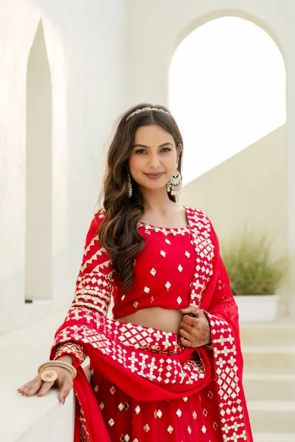 Red Georgette Foil Embroidered Lehenga Set with Dupatta, Semi Stitched Lehenga and Unstitched Blouse