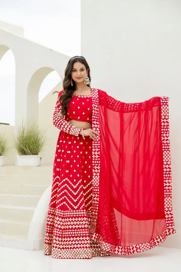 Red Georgette Foil Embroidered Lehenga Set with Dupatta, Semi Stitched Lehenga and Unstitched Blouse