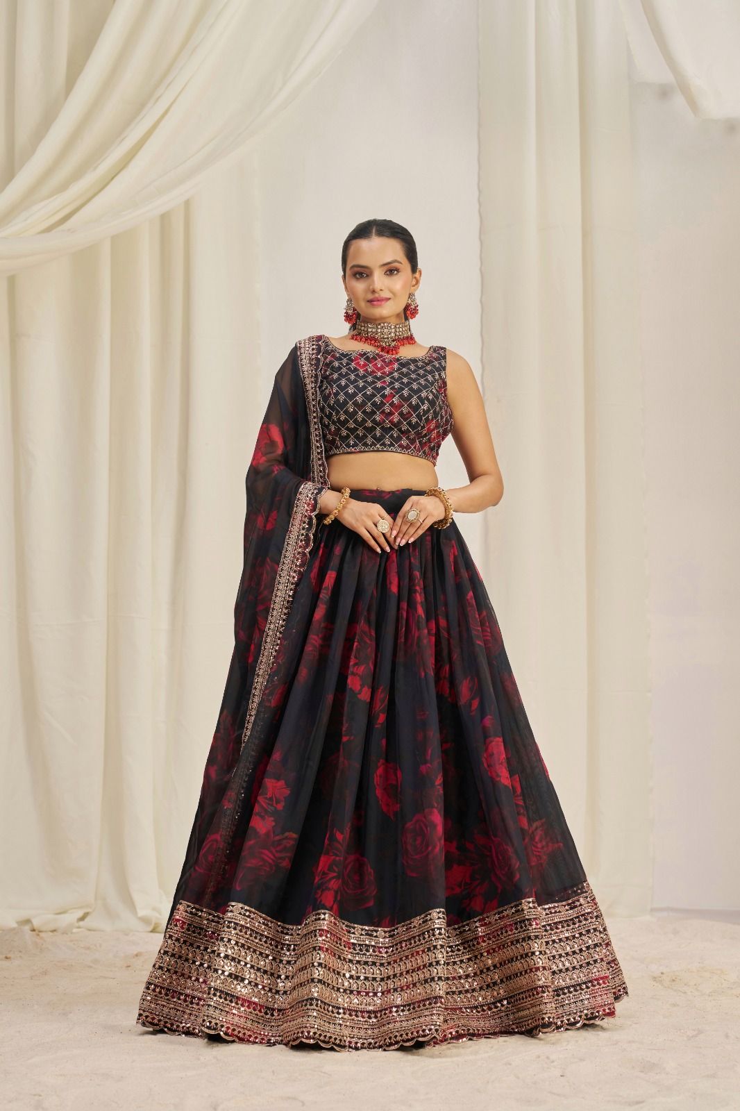Printed organza lehenga with embroidery for wedding