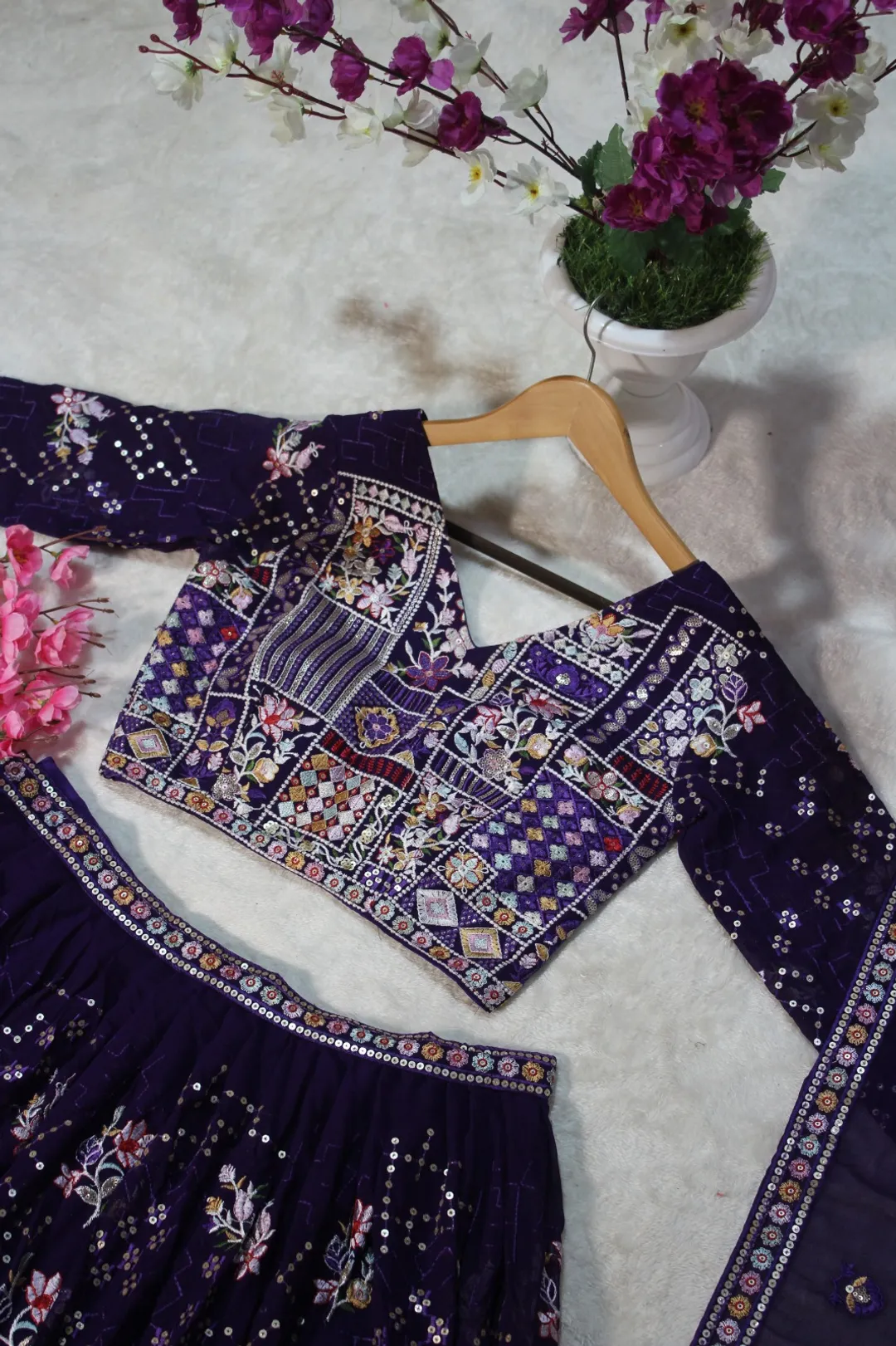 Blooming Georgette Sequins and Thread Embroidered Lehenga Set with Georgette Dupatta