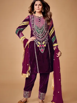 Wine Velvet Embroidered Top and Pant Set with Georgette Dupatta
