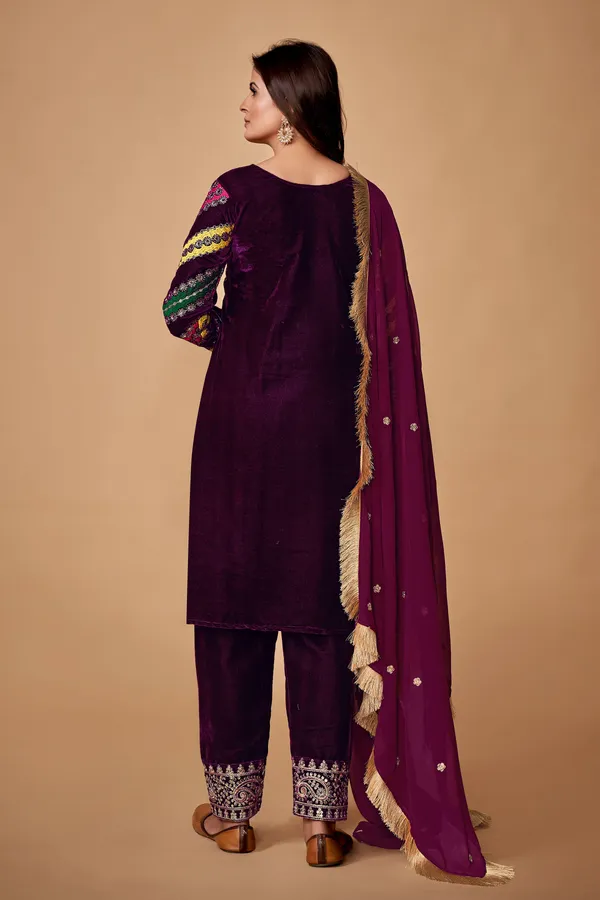 Wine Velvet Embroidered Top and Pant Set with Georgette Dupatta
