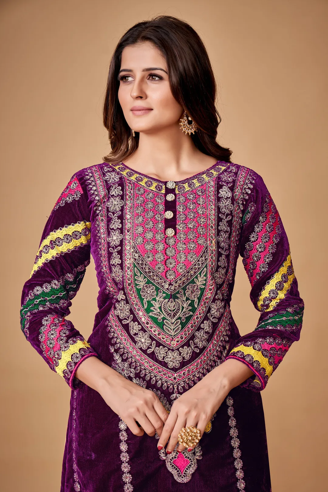 Wine Velvet Embroidered Top and Pant Set with Georgette Dupatta