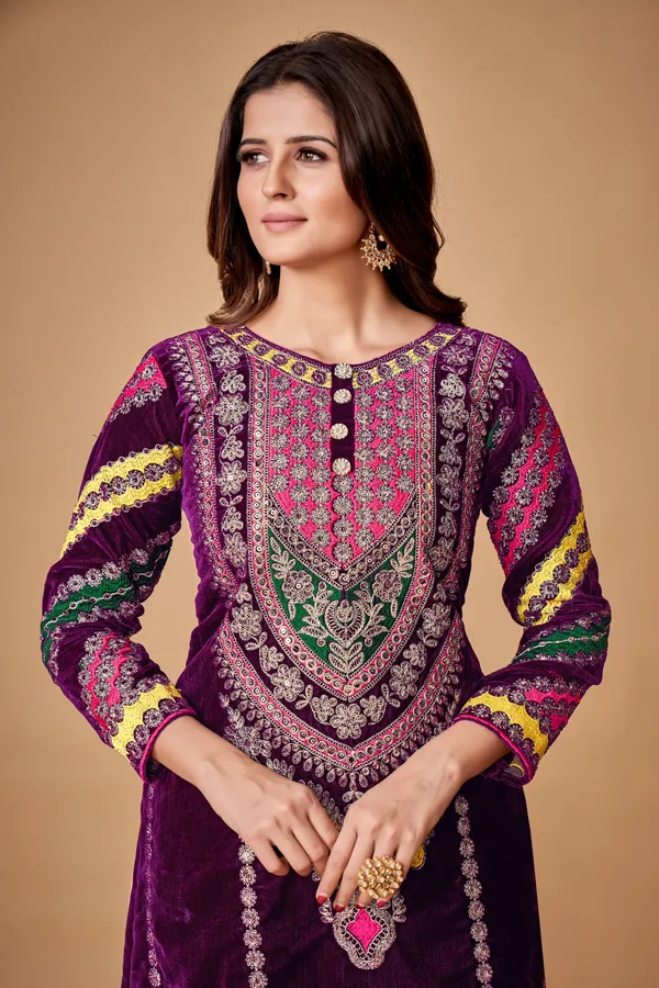 Wine Velvet Embroidered Top and Pant Set with Georgette Dupatta