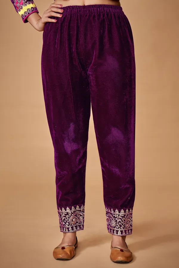 Wine Velvet Embroidered Top and Pant Set with Georgette Dupatta