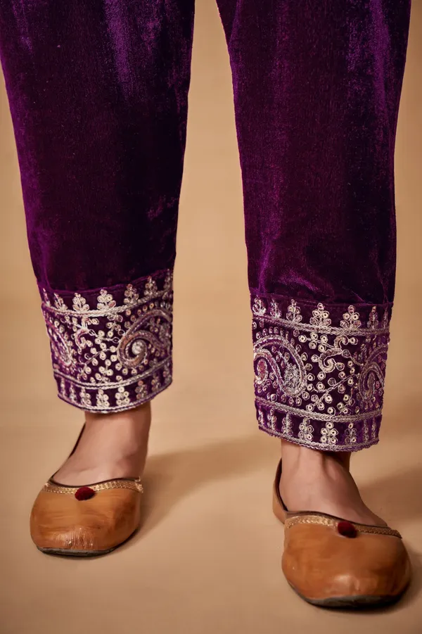 Wine Velvet Embroidered Top and Pant Set with Georgette Dupatta