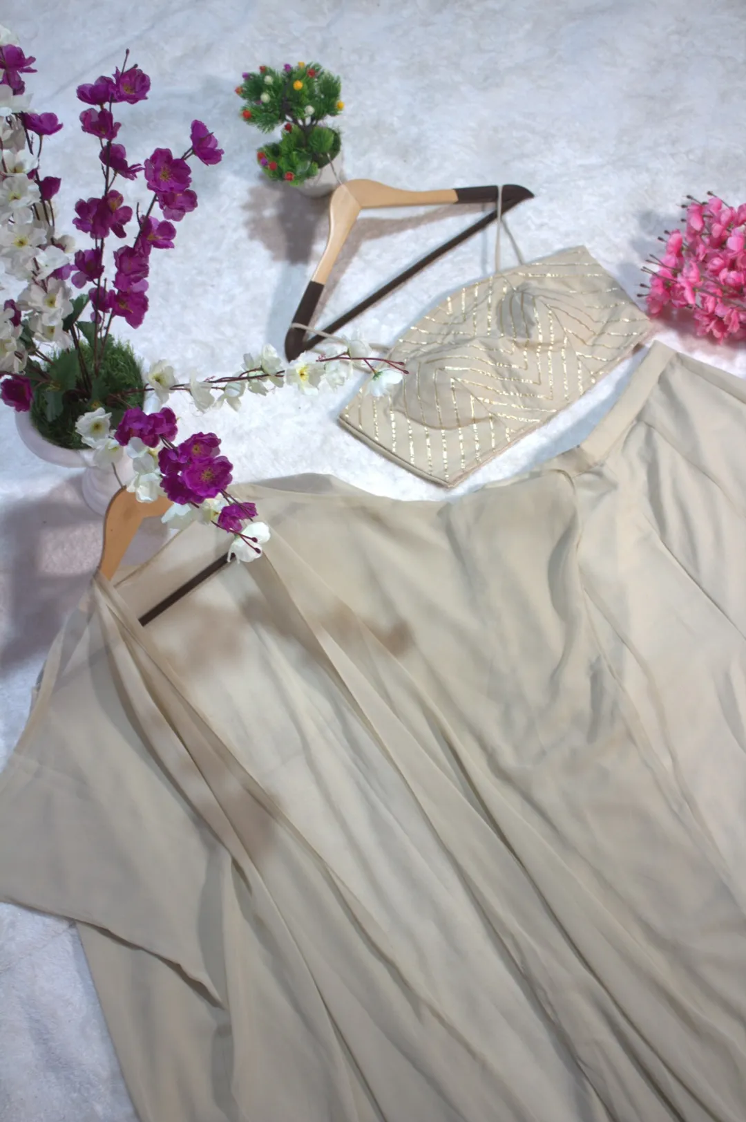Off White Georgette Gotta Patti Three Piece Set with Palazzo and Shrug