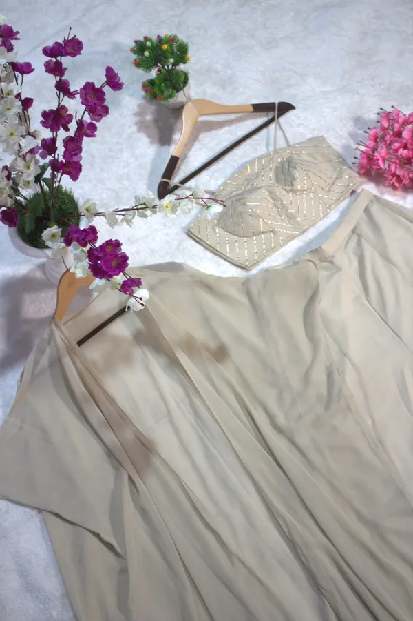 Off White Georgette Gotta Patti Three Piece Set with Palazzo and Shrug