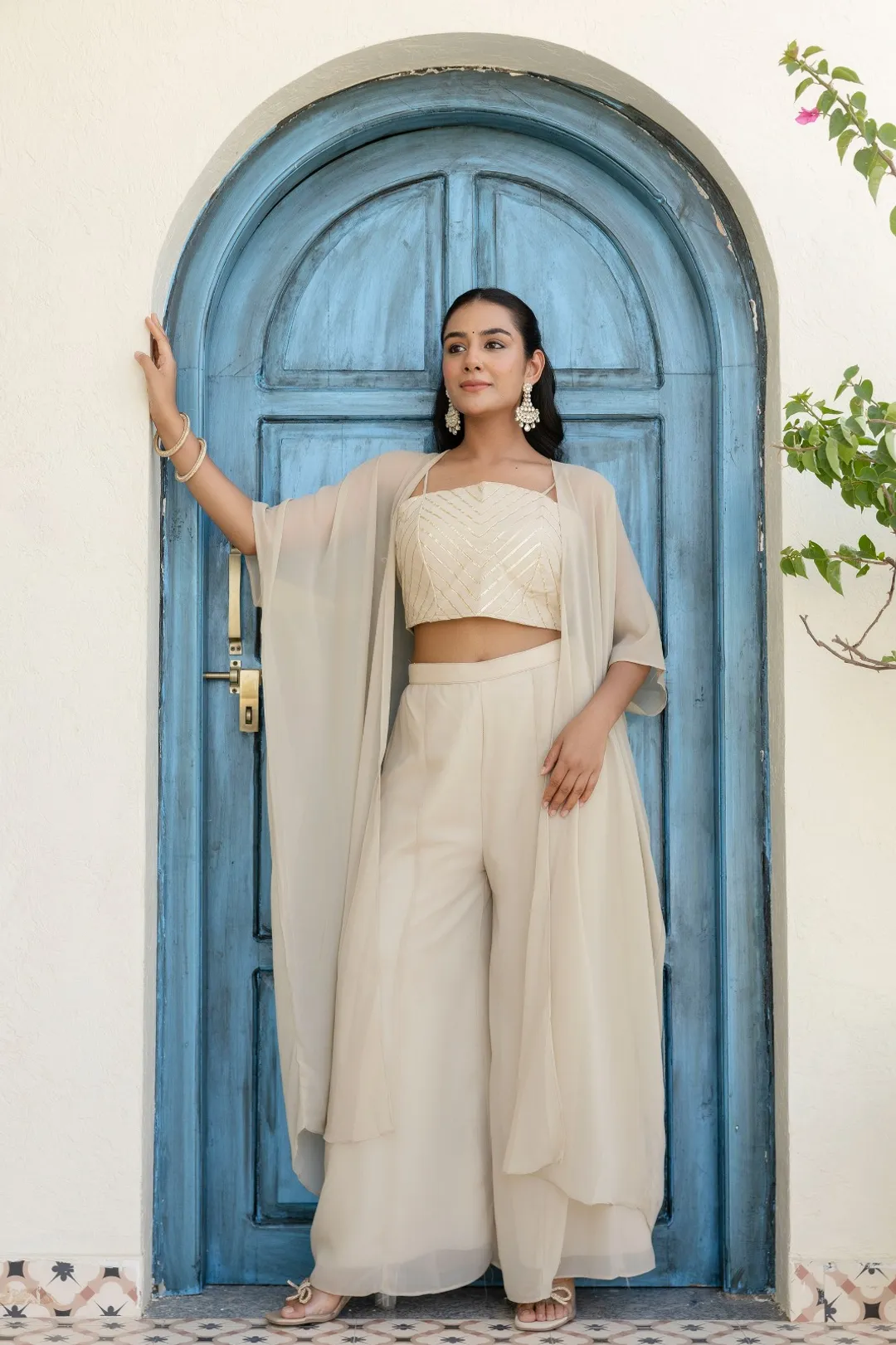 Off White Georgette Gotta Patti Three Piece Set with Palazzo and Shrug