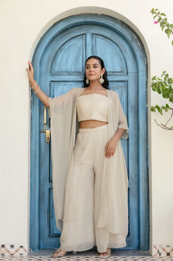 Off White Georgette Gotta Patti Three Piece Set with Palazzo and Shrug