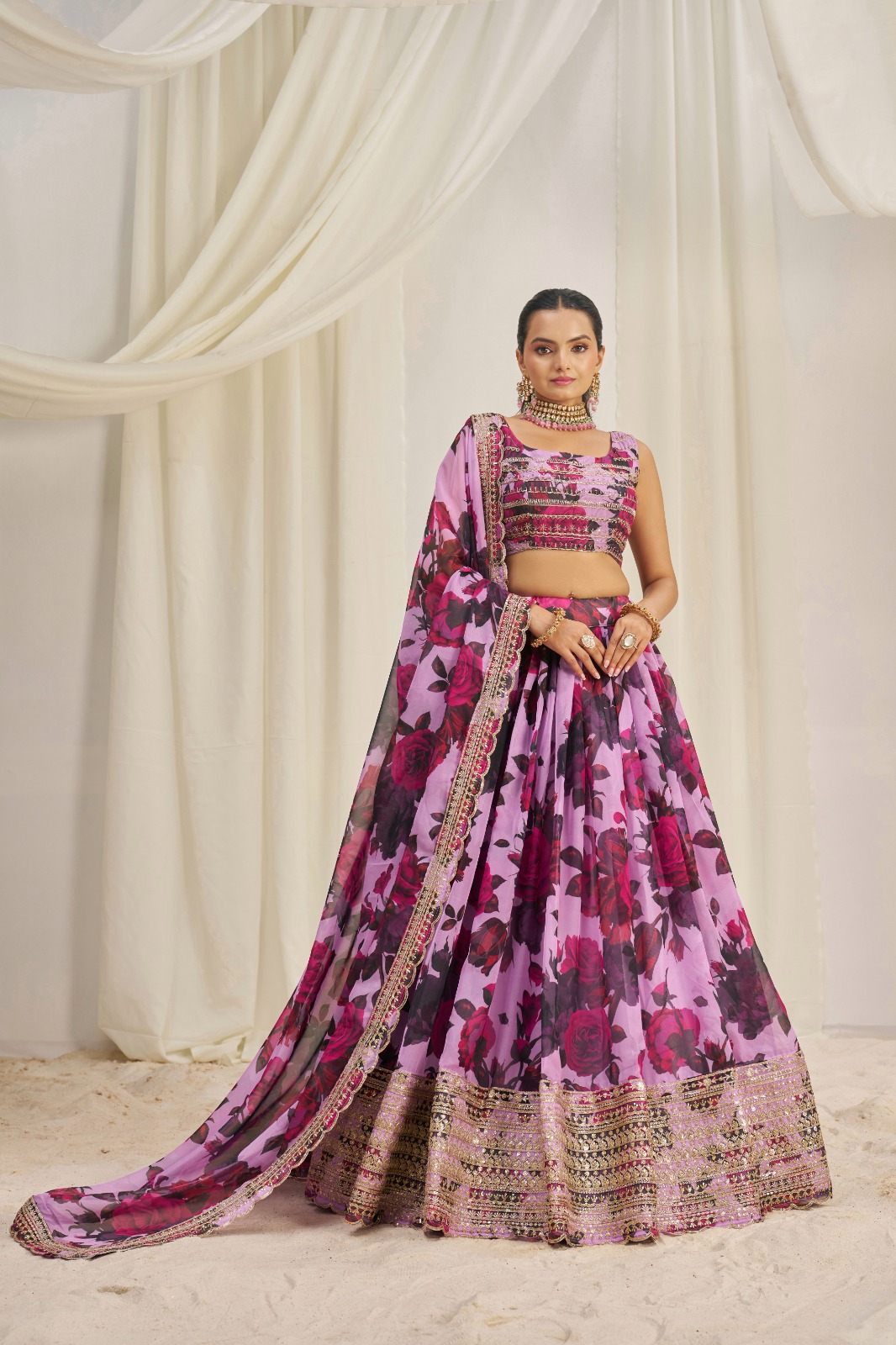 Printed organza lehenga with embroidery for wedding