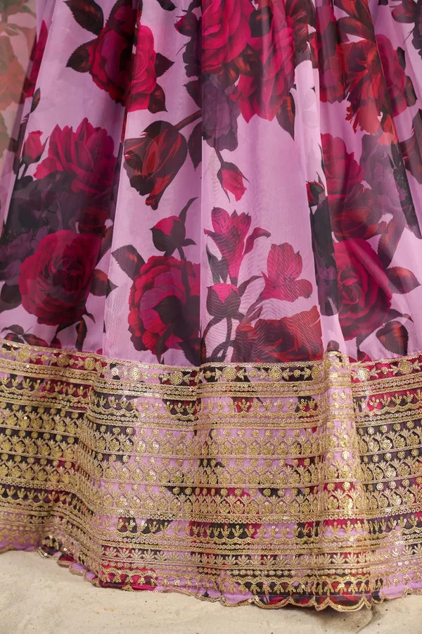 Floral Digital Printed Organza Lehenga with Zari, Dori and Sequin Embroidery