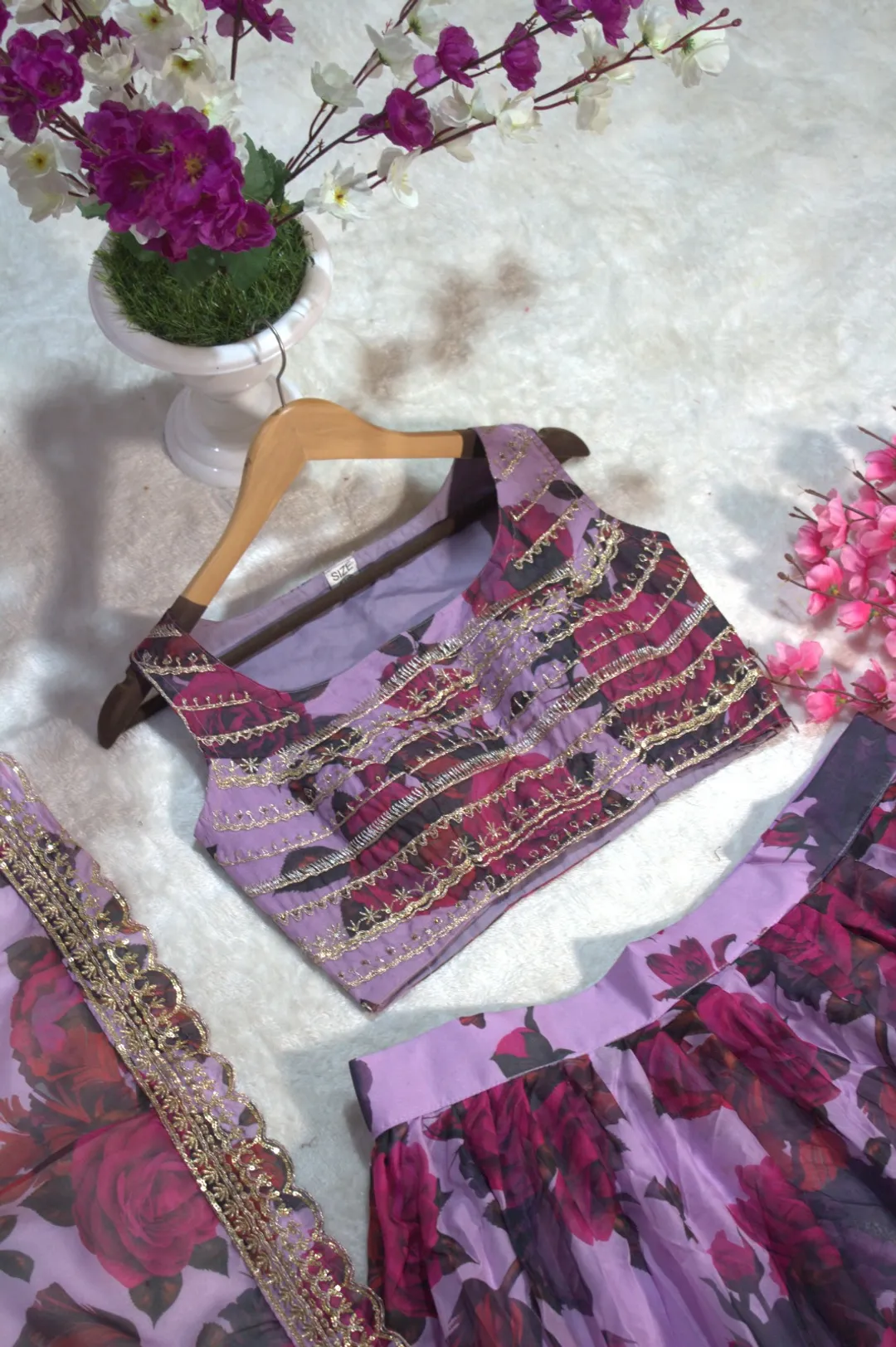 Floral Digital Printed Organza Lehenga with Zari, Dori and Sequin Embroidery