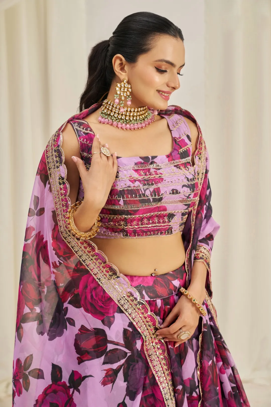 Floral Digital Printed Organza Lehenga with Zari, Dori and Sequin Embroidery