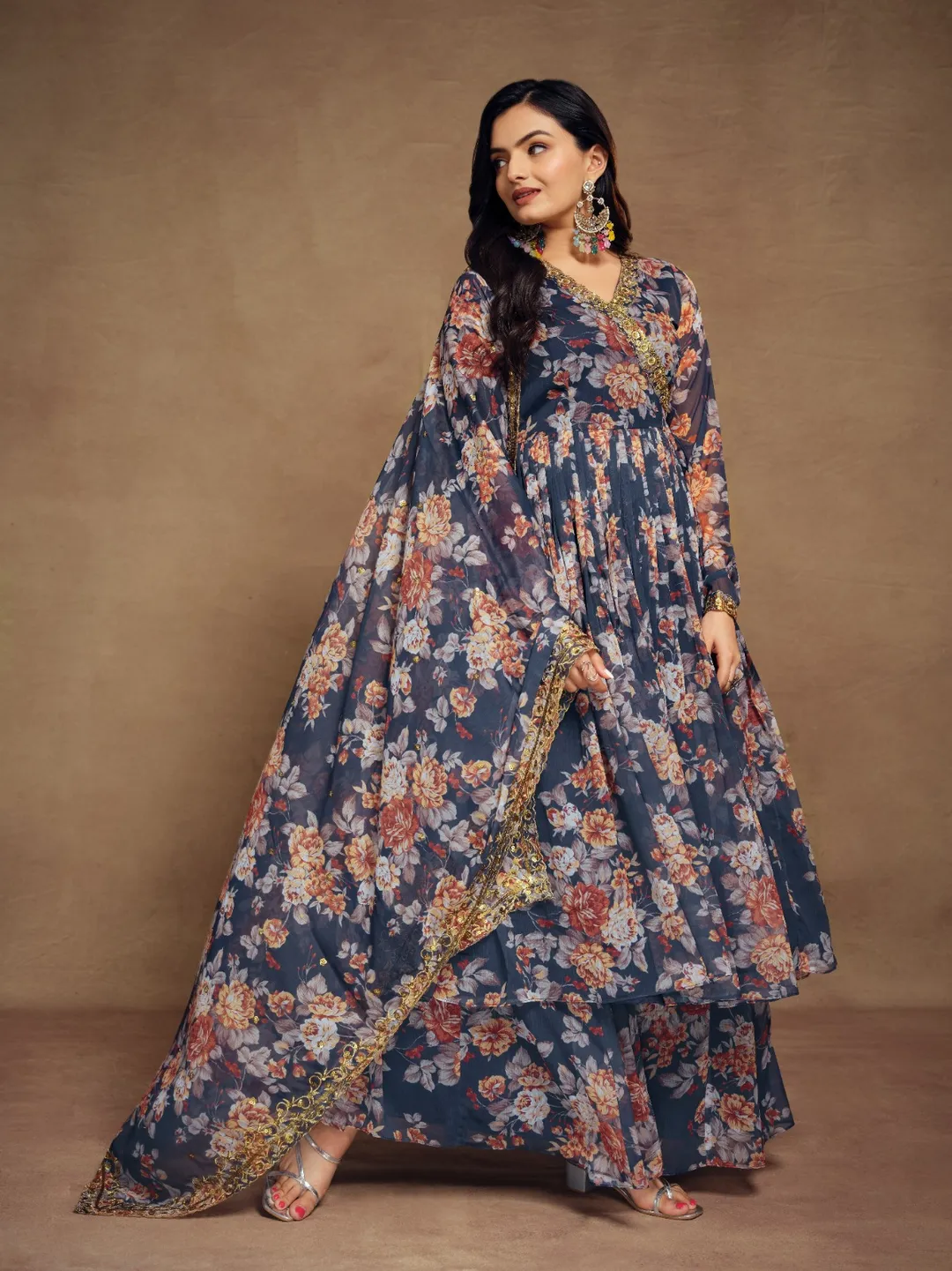 Floral Digital Printed Chiffon Kurti Palazzo Set with Zari Embroidery