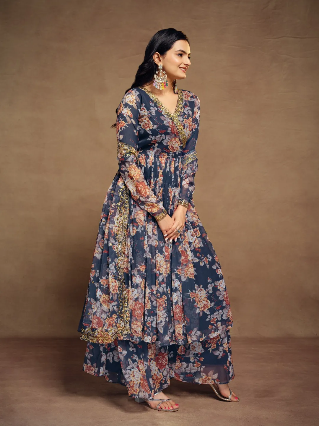 Floral Digital Printed Chiffon Kurti Palazzo Set with Zari Embroidery