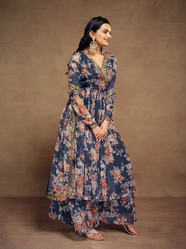 Floral Digital Printed Chiffon Kurti Palazzo Set with Zari Embroidery