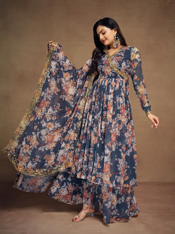 Floral Digital Printed Chiffon Kurti Palazzo Set with Zari Embroidery