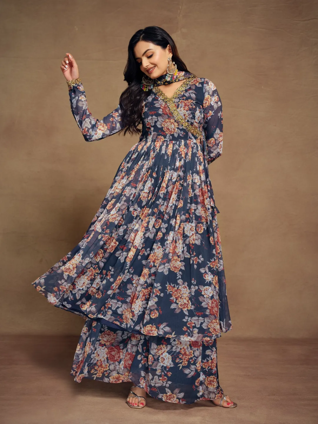 Floral Digital Printed Chiffon Kurti Palazzo Set with Zari Embroidery