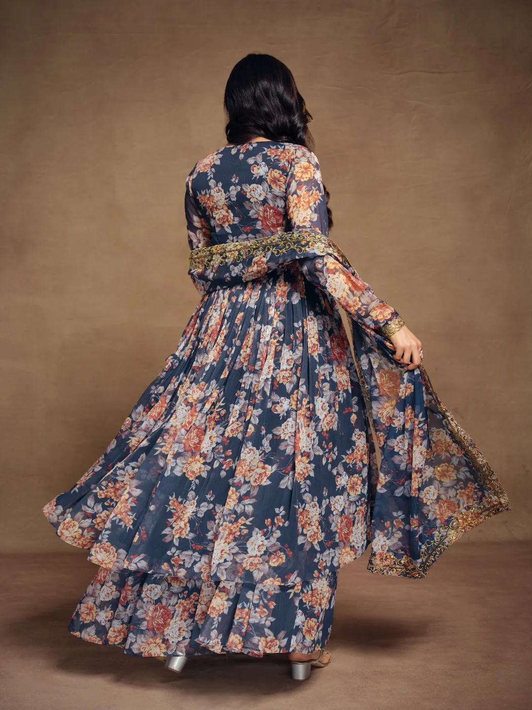 Floral Digital Printed Chiffon Kurti Palazzo Set with Zari Embroidery