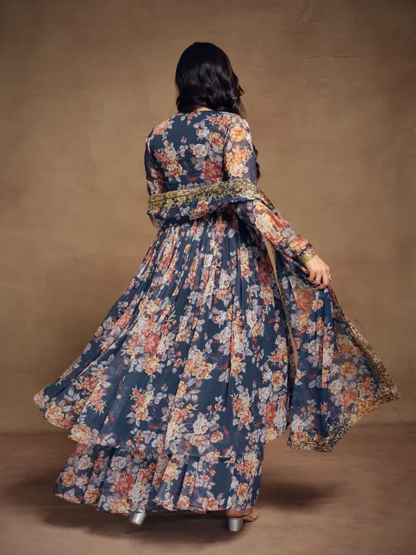 Floral Digital Printed Chiffon Kurti Palazzo Set with Zari Embroidery
