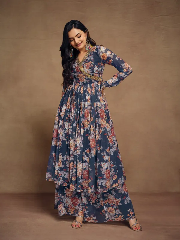 Floral Digital Printed Chiffon Kurti Palazzo Set with Zari Embroidery