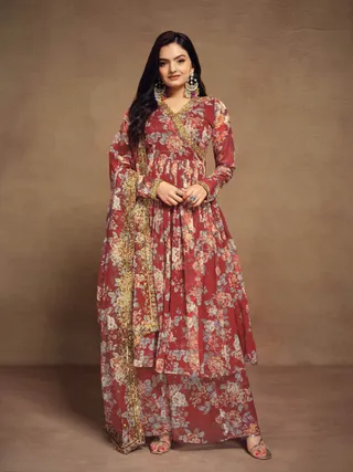 Shop Floral Digital Printed Chiffon Kurti Palazzo Set with zari embroidery