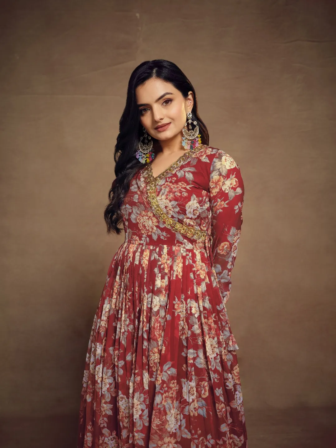Shop Floral Digital Printed Chiffon Kurti Palazzo Set with zari embroidery