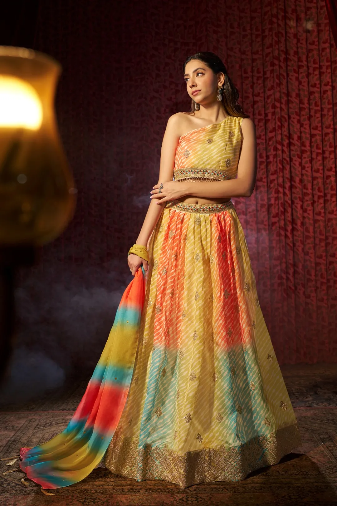 Multi Colour Organza Lehenga Choli with Digital Print, Cording Embroidery and Mukaish Work Dupatta, Semi Stitched Lehenga Set