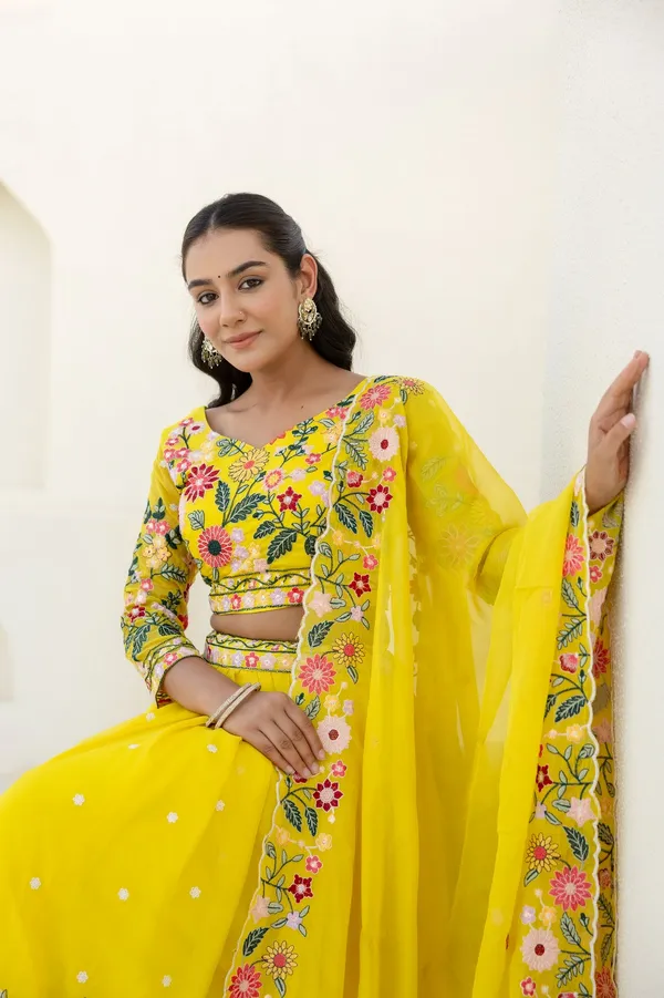 Yellow Organza Floral Embroidered Lehenga Choli with Sequins and Thread Work