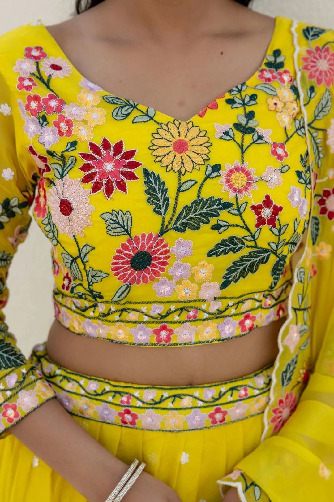 Yellow Organza Floral Embroidered Lehenga Choli with Sequins and Thread Work