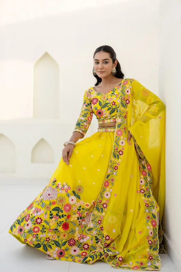 Yellow Organza Floral Embroidered Lehenga Choli with Sequins and Thread Work