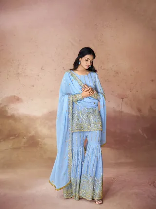 Georgette Embroidered Sharara Set with Sequin Work Top and Dupatta