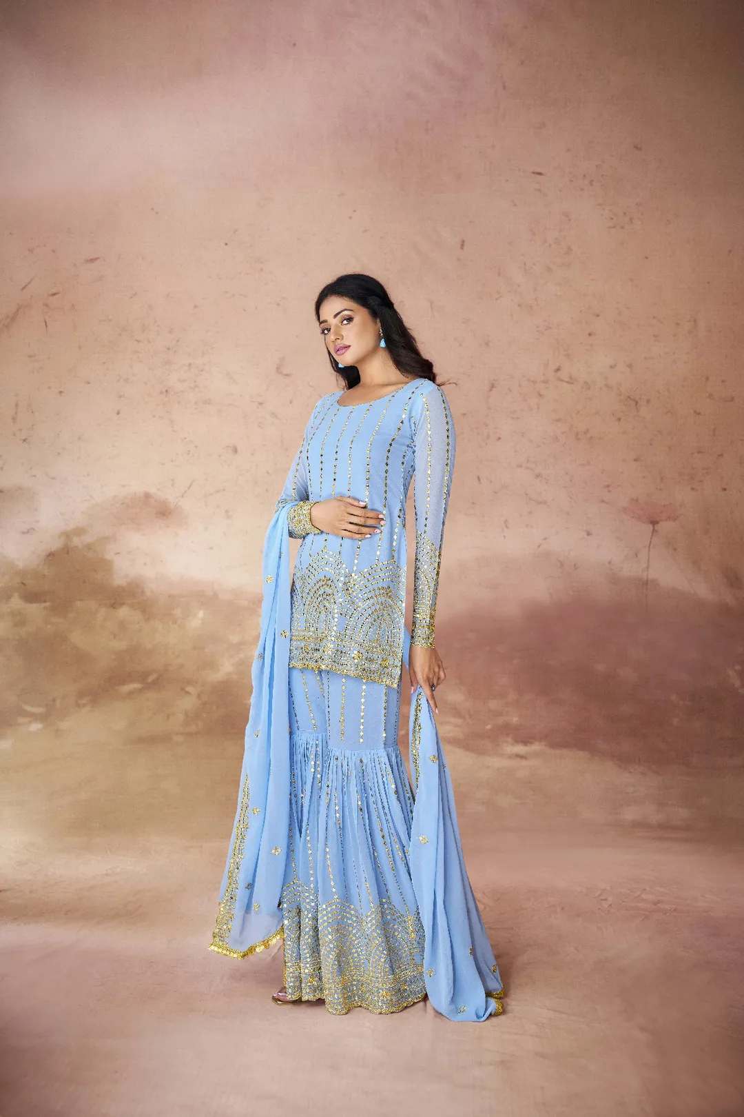 Georgette Embroidered Sharara Set with Sequin Work Top and Dupatta