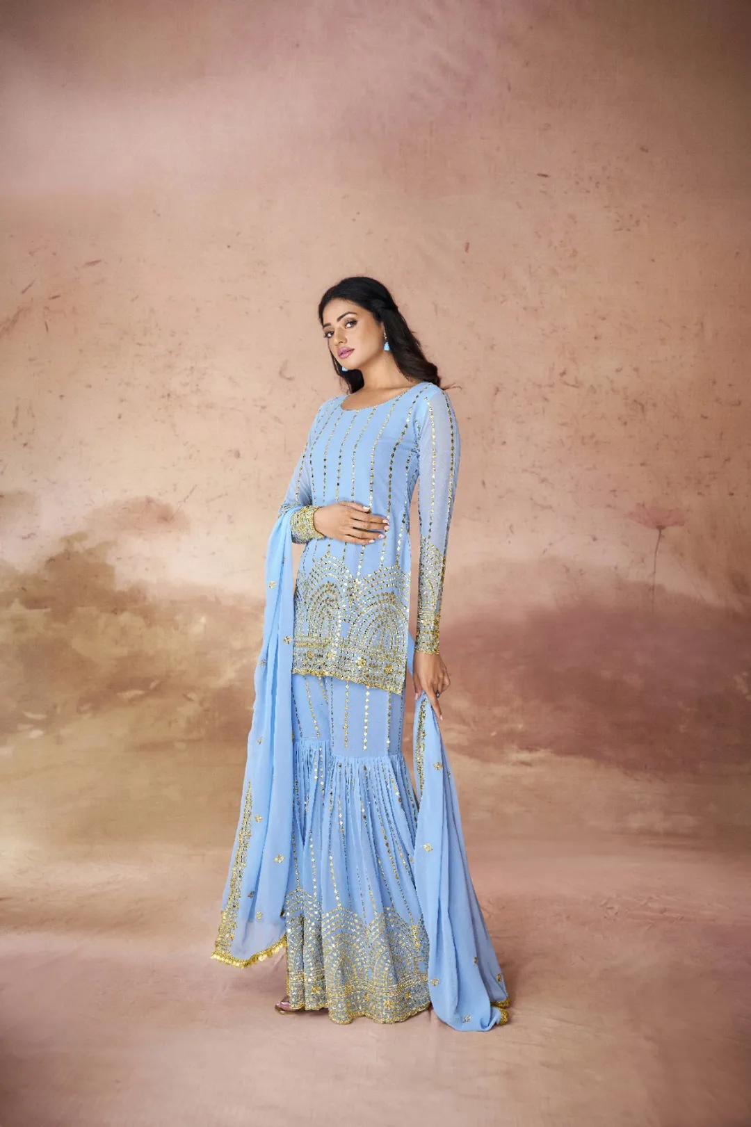 Georgette Embroidered Sharara Set with Sequin Work Top and Dupatta