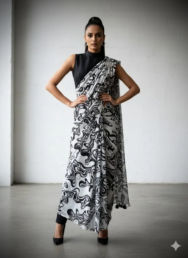 Aesthetic Monochrome Marshmallow Georgette Saree