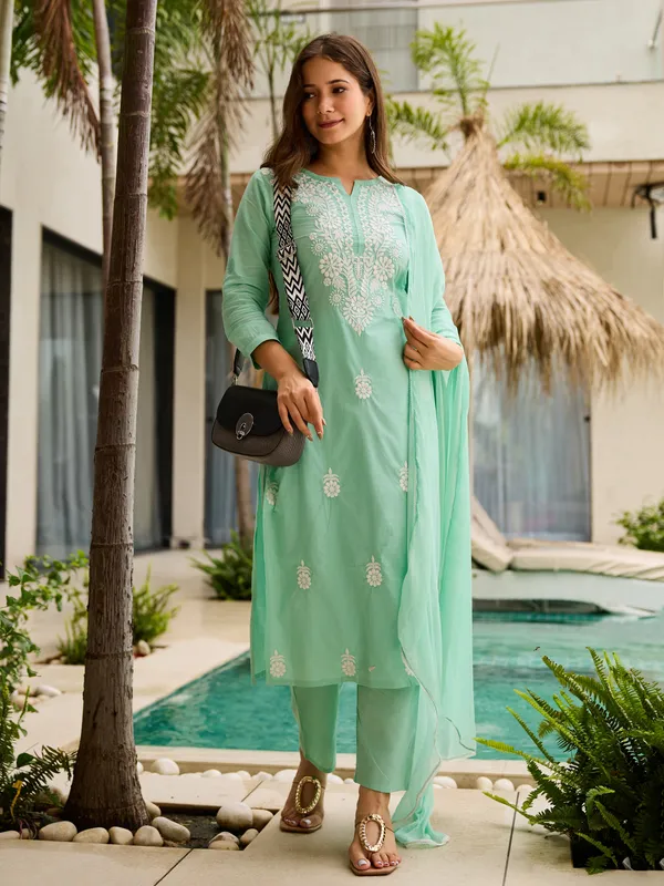 Cotton Embroidered Kurti Pant Set with Nylon Dupatta for Women